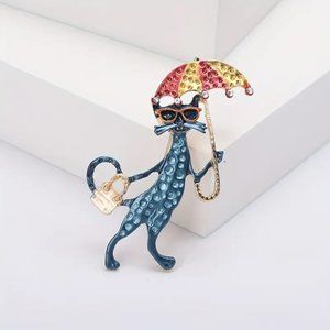 Sparkling Rhinestone Cool Cat, Kewl Kitty with Umbrella - Brooch Pin w/Gift Box